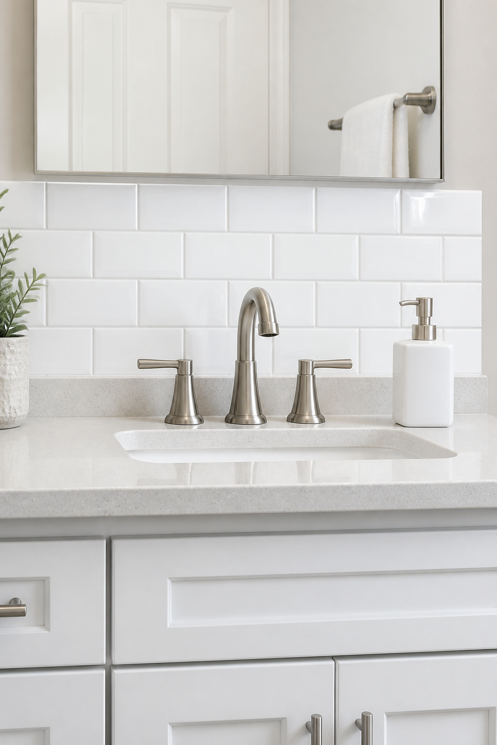 Three rows of peel-and-stick subway tile above the sink — $40 in materials and 45 minutes of installation — completely transforms the vanity zone.