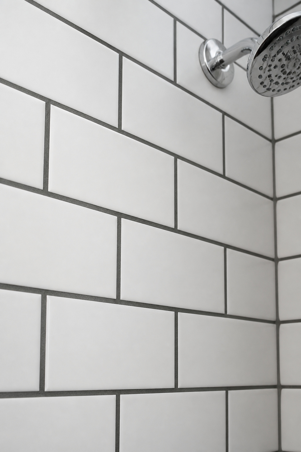 Fresh charcoal gray grout in existing white subway tile — this $30 material change is one of the most cost-effective budget bathroom renovation improvements available.