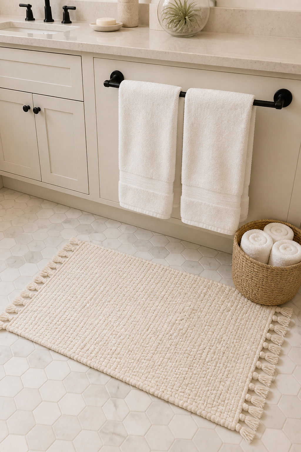 A woven cotton bath rug, 600-GSM towels, and a seagrass basket — the textile layer that pulls a completed budget bathroom renovation together for under $80.