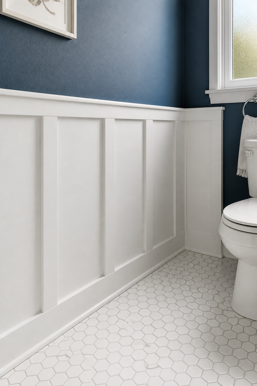 DIY board-and-batten wainscoting below a chair rail — $80-$120 in materials and a weekend of work — adds architectural detail that reads as a professional bathroom renovation on a budget.