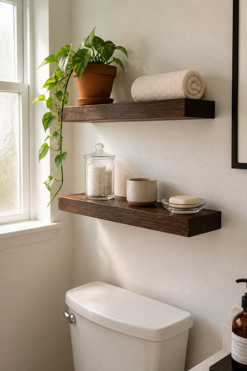 Two dark walnut floating shelves above the toilet create budget bathroom renovation storage that doubles as decor — styled with plants, glass, and woven texture.