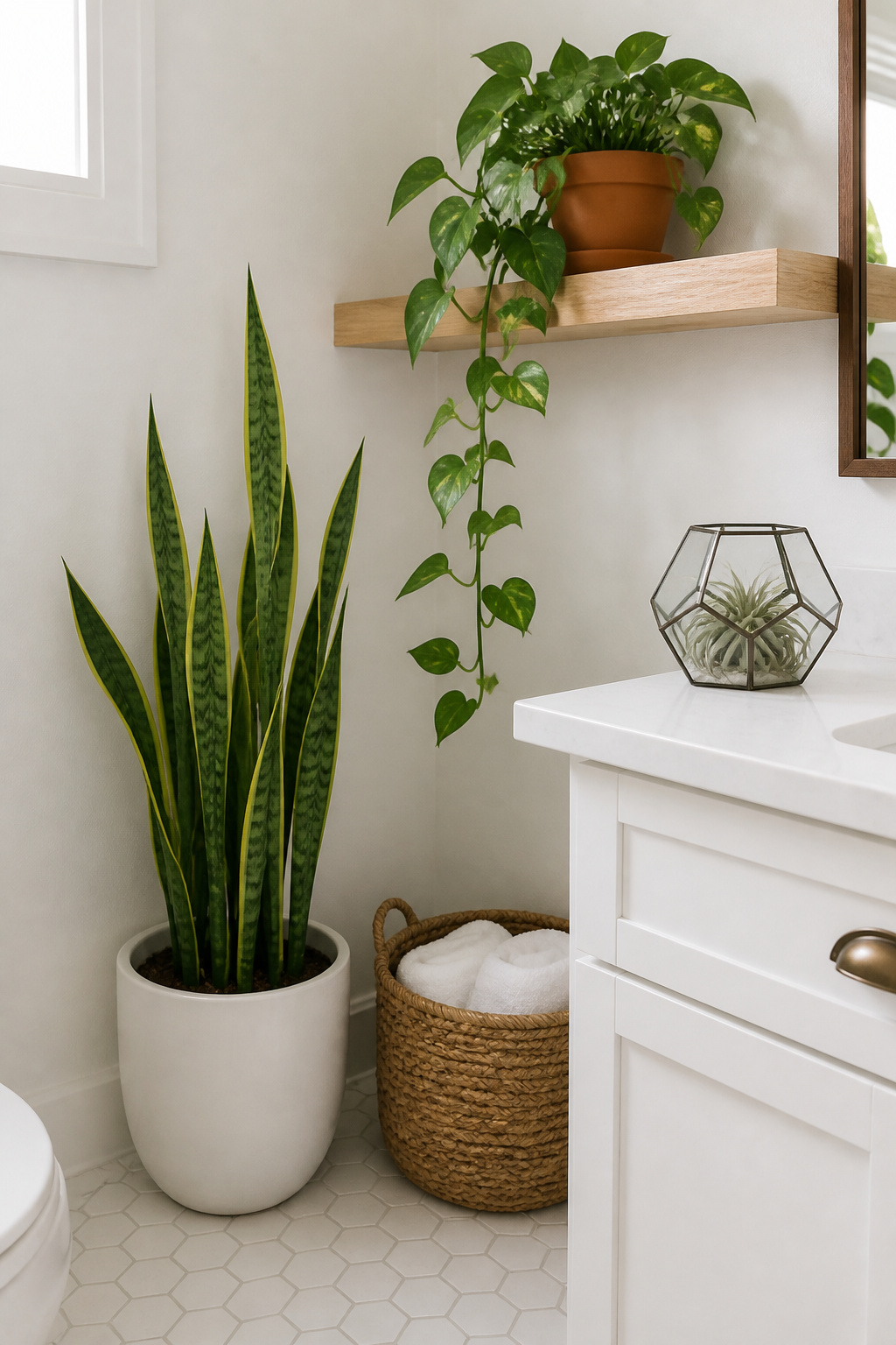Three heights, three plant varieties, one woven basket — a layered plant styling approach that turns a bare bathroom corner into a spa-like budget bathroom renovation detail for under $30.