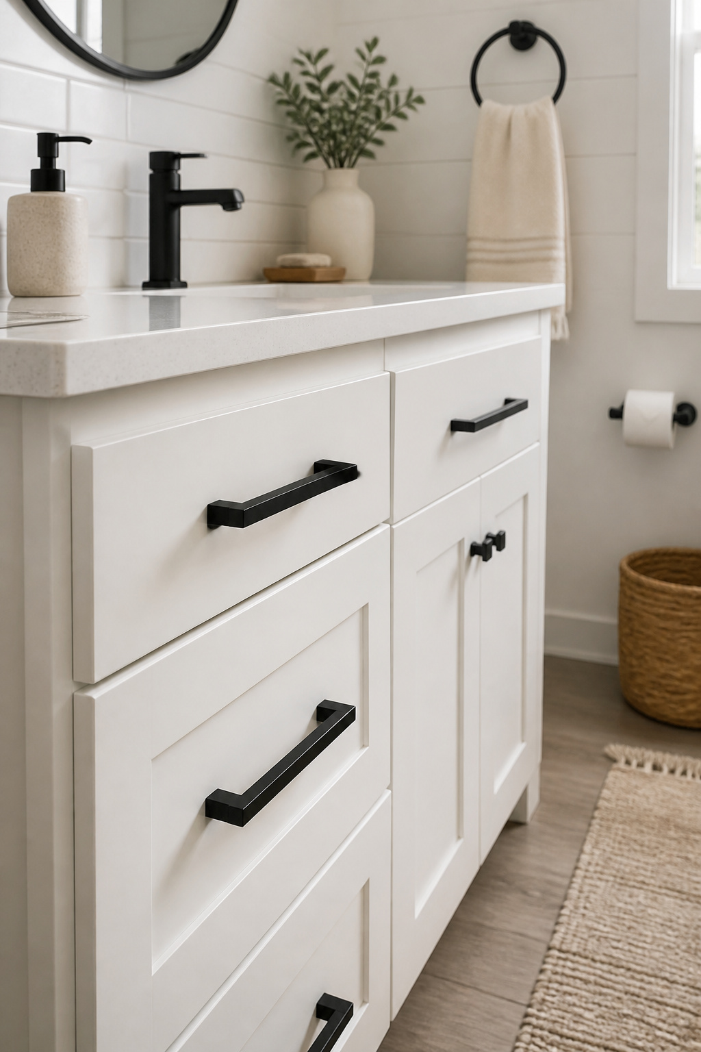 New drawer pulls and a matching towel ring in matte black cost under $60 and immediately read as a considered budget bathroom renovation upgrade.