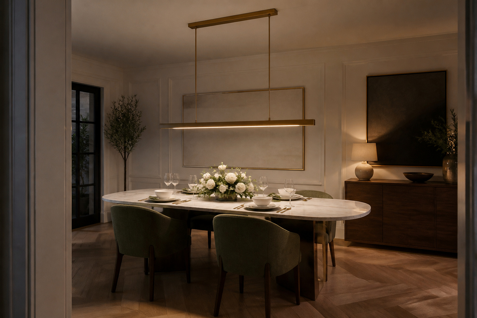 An aged brass linear suspension at the correct 33-inch height above a marble dining table — the proportions, the colour temperature, and the supplemental lighting all working together in a room that's ready for the evening.