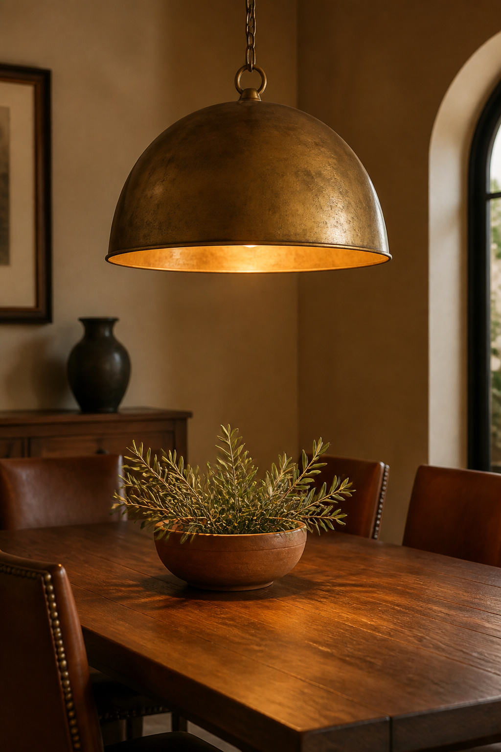 An unlacquered brass dome pendant showing early patina development — the uneven honey-to-amber toning on the exterior is the finish working as intended, not aging poorly.