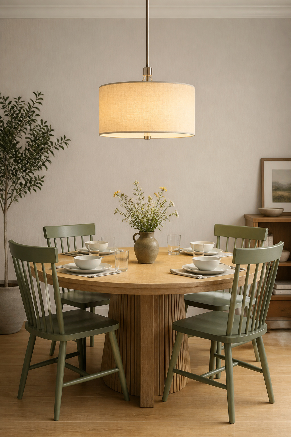 An 18-inch natural linen drum shade diffuses light warmly across a four-seat dining table — the shade material does the softening work that frosted glass can't quite match.