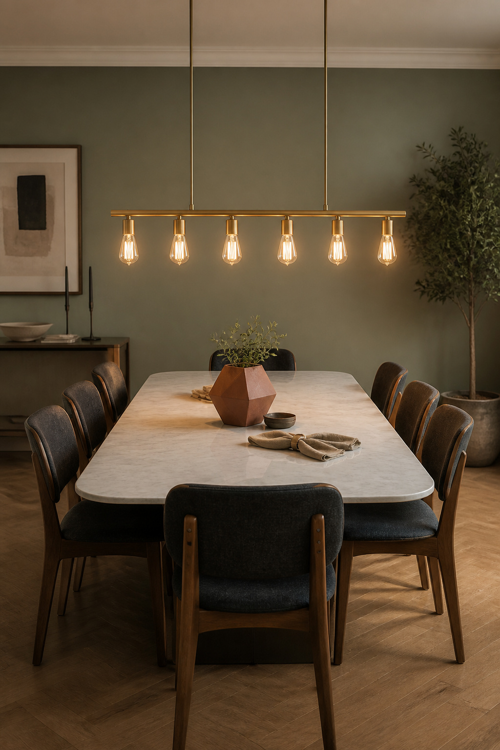 A brushed brass linear suspension sized to two-thirds of the table length holds its position above a marble dining table without crowding the ends — a lesson in proportion.