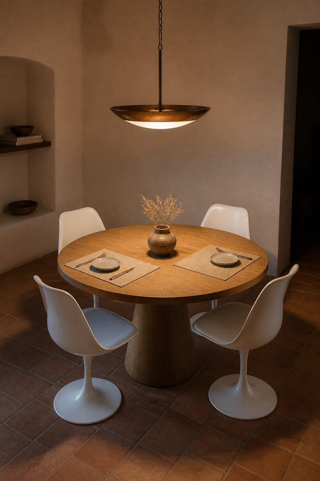 A 22-inch aged copper bowl pendant with opal glass diffuser illuminates a round dining table in an even, flattering pool — clean geometry that lets the table do the talking.