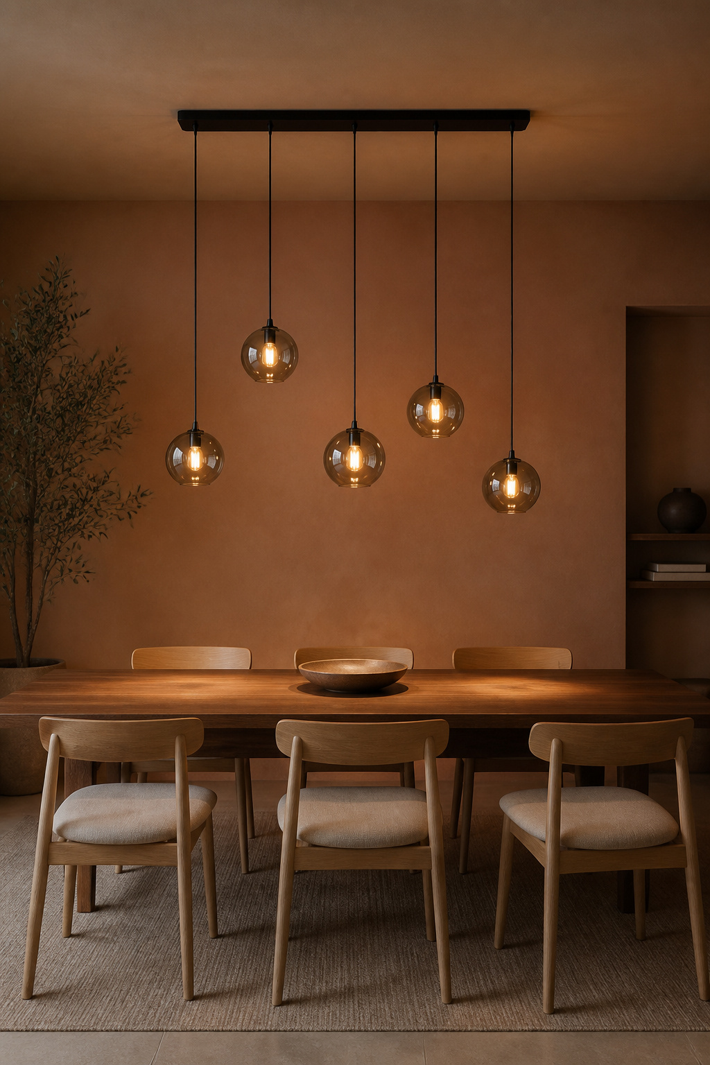 Five smoked-glass globes at staggered heights read as a composed group rather than a row — the 12-inch vertical range between the lowest and highest pendant is what makes the arrangement feel intentional.