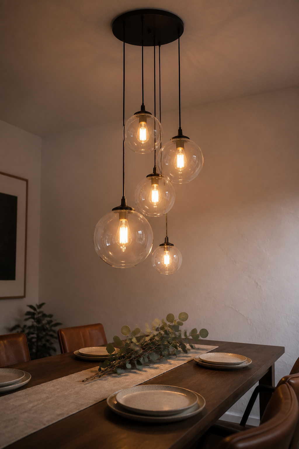 A five-globe cluster pendant in matte black casts warm filament light across a walnut dining table — the asymmetric formation reads as sculptural without overwhelming the room.