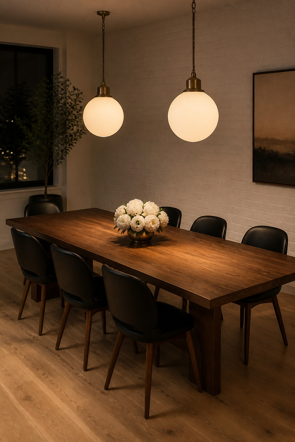 Two opal glass globe pendants in antique brass, each centred 24 inches from a table end — the pair distributes light more evenly along a 72-inch table than any single chandelier can.