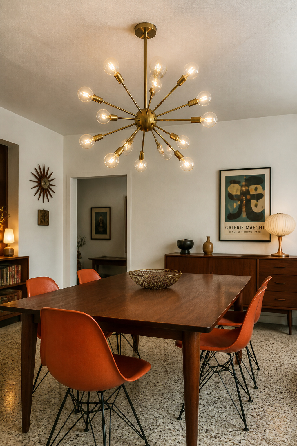 A 1950s brass Sputnik chandelier with modern LED filament bulbs achieves the original period effect at a fraction of the operating cost — the aesthetic that reproduction fixtures struggle to replicate.