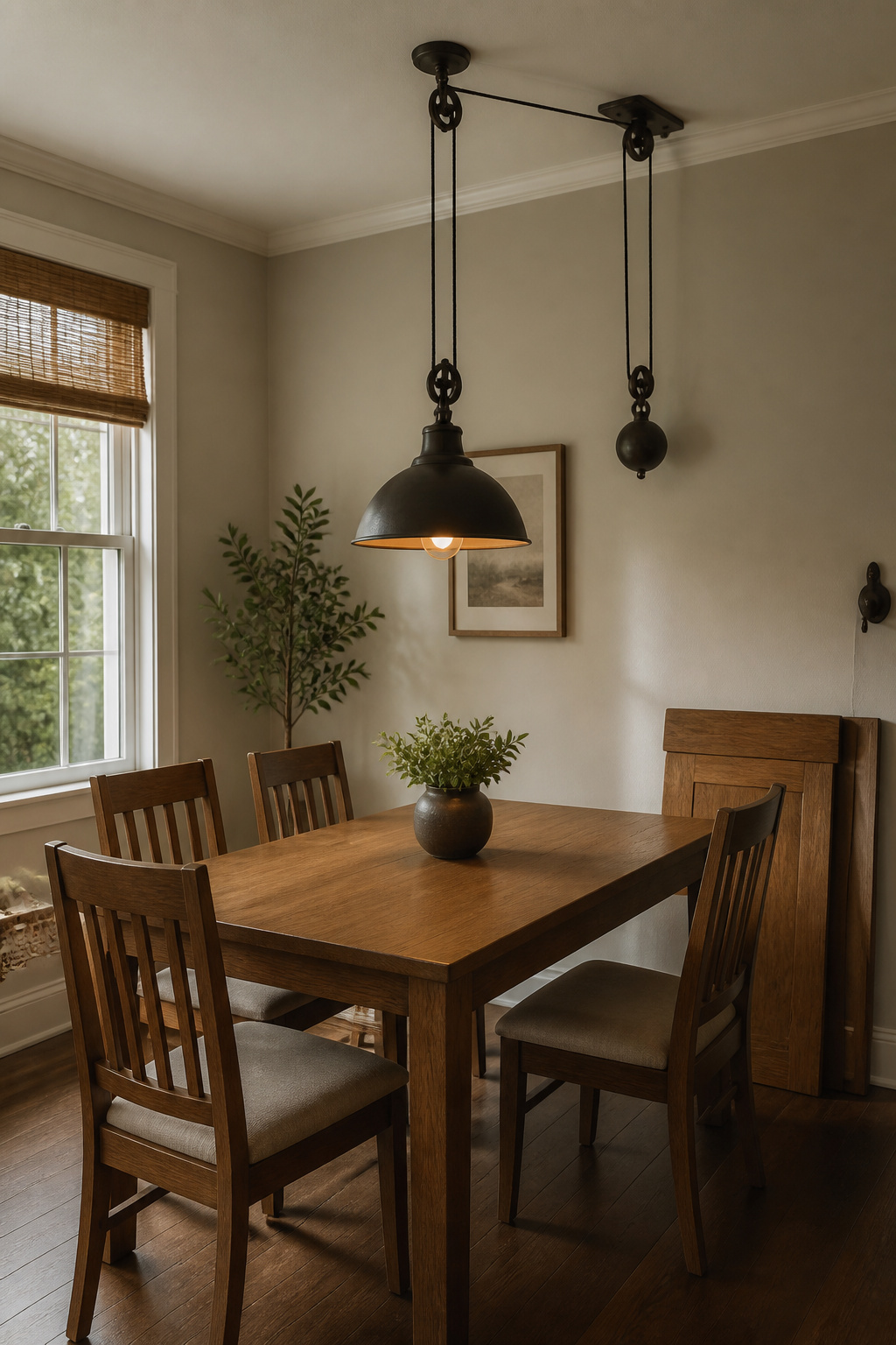 An oil-rubbed bronze pulley pendant with counterweight mechanism above an oak extendable dining table — the adjustment lets the fixture travel up when the table extends.