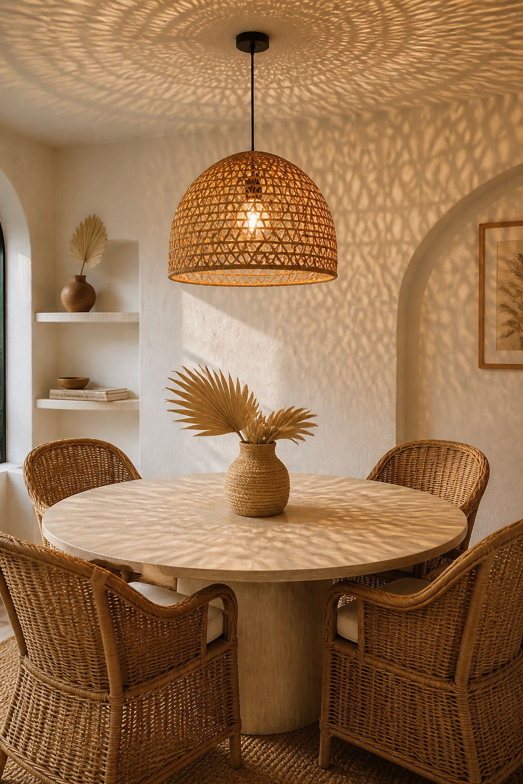 A clear Edison bulb inside a natural rattan dome pendant projects lace-like shadow patterns onto the walls — an effect no glass or metal fixture replicates.
