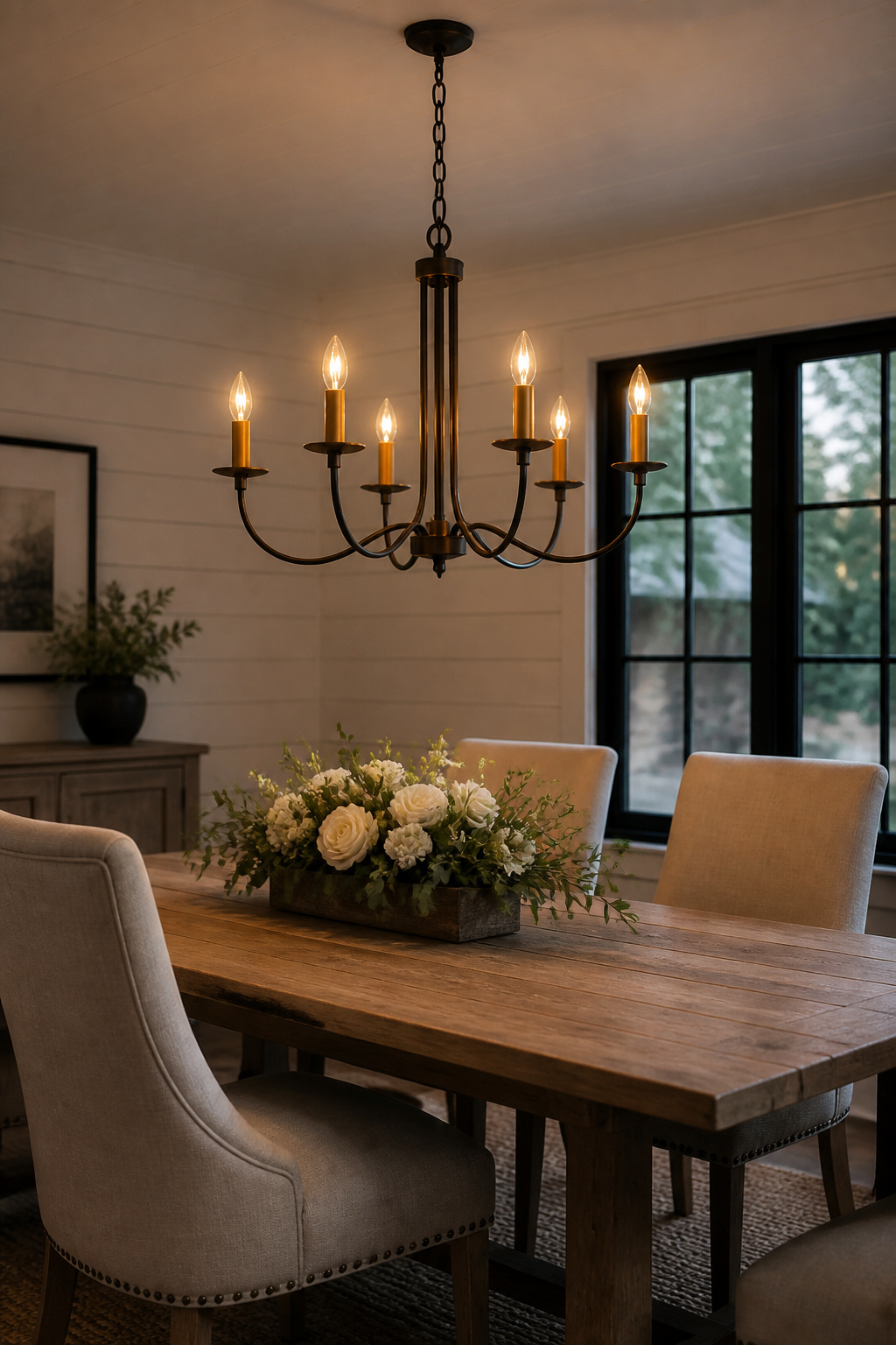 A matte black frame with antique brass socket cups bridges two finish families without favouring either — the mixed-metal approach that suits rooms not committed to a single direction.