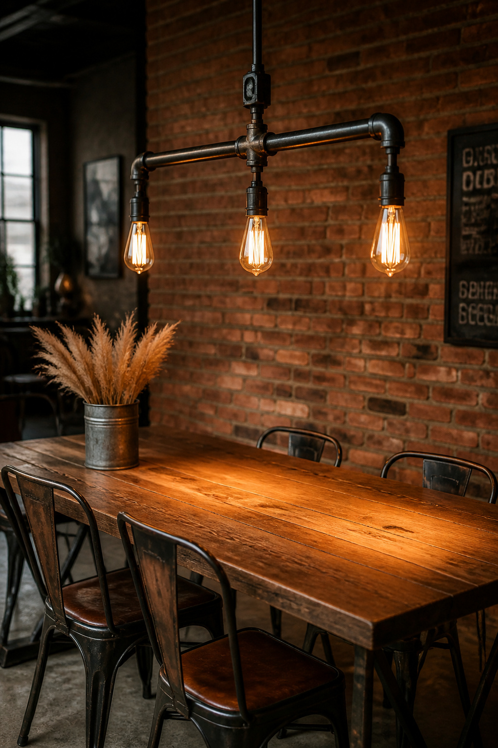 Black iron pipe, three ST64 Edison bulbs, and a reclaimed wood table — the fixture needs the right material company to read as designed rather than accidental.