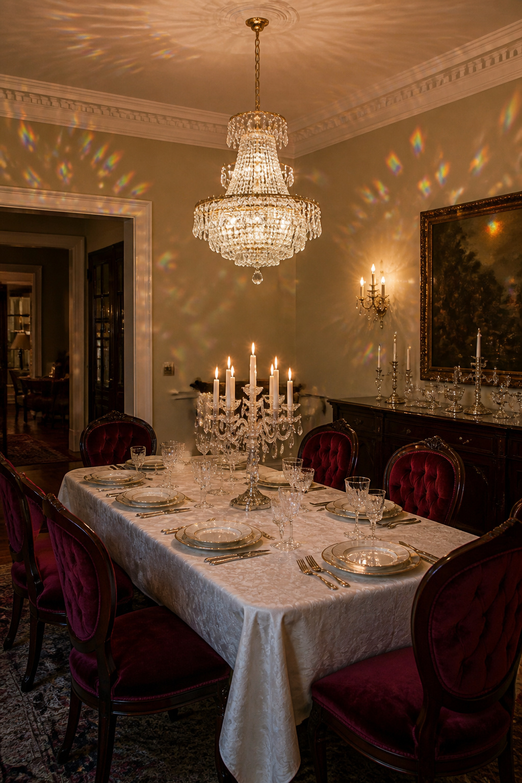 A two-tier K9 crystal chandelier with rainbow prism projections above a mahogany formal dining table — at this scale, the wall projections are part of the fixture's function.