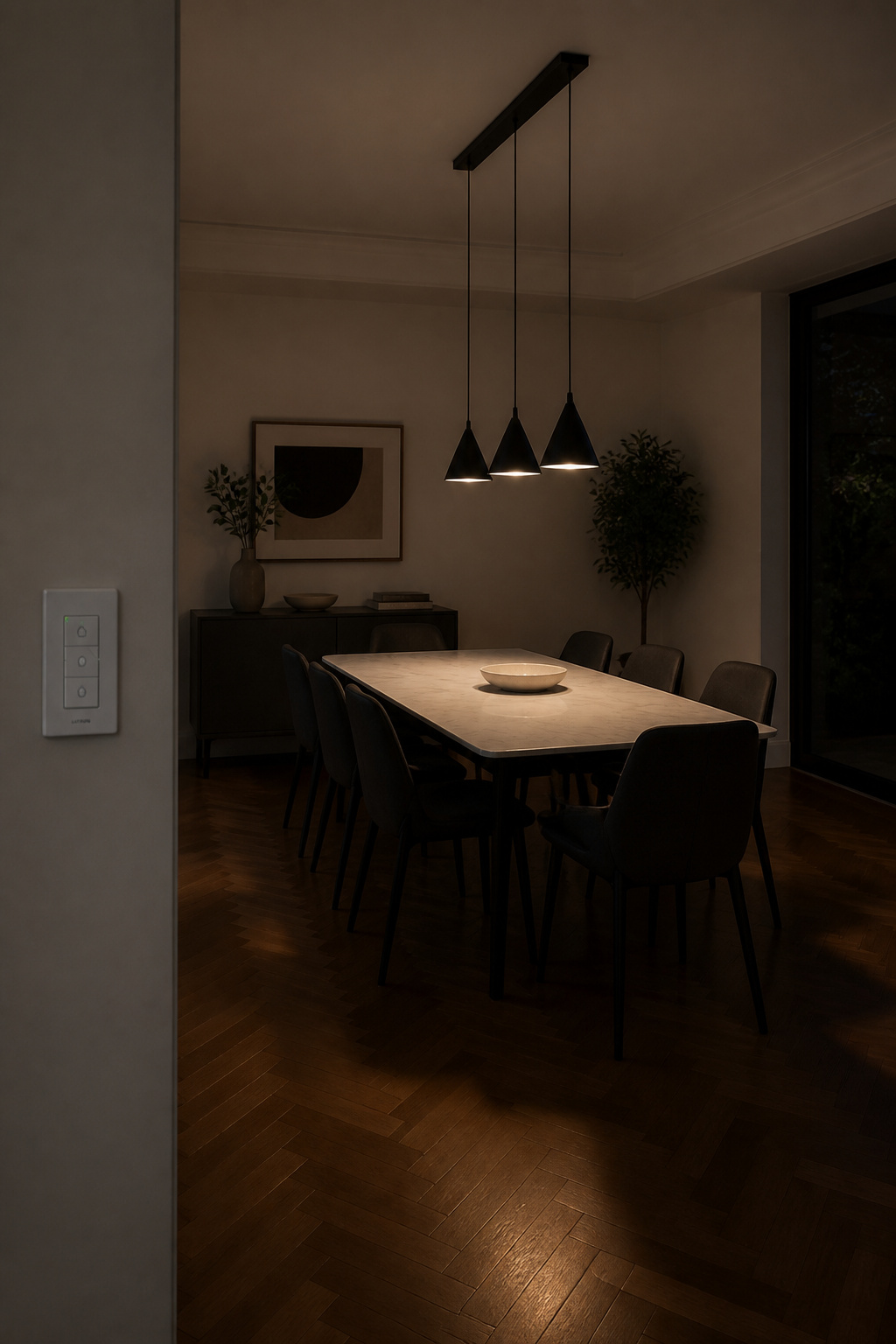 At 30 percent brightness via a Lutron Caséta dimmer, three cone pendants transform a contemporary dining room from functional to atmospheric — the same room at 100 percent is a family dinner space.