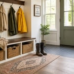 A bright, welcoming mudroom blends durable wood-look tile with a charcoal-grouted herringbone walk-off zone — proof that a hardworking entryway can still feel warm and pulled together.