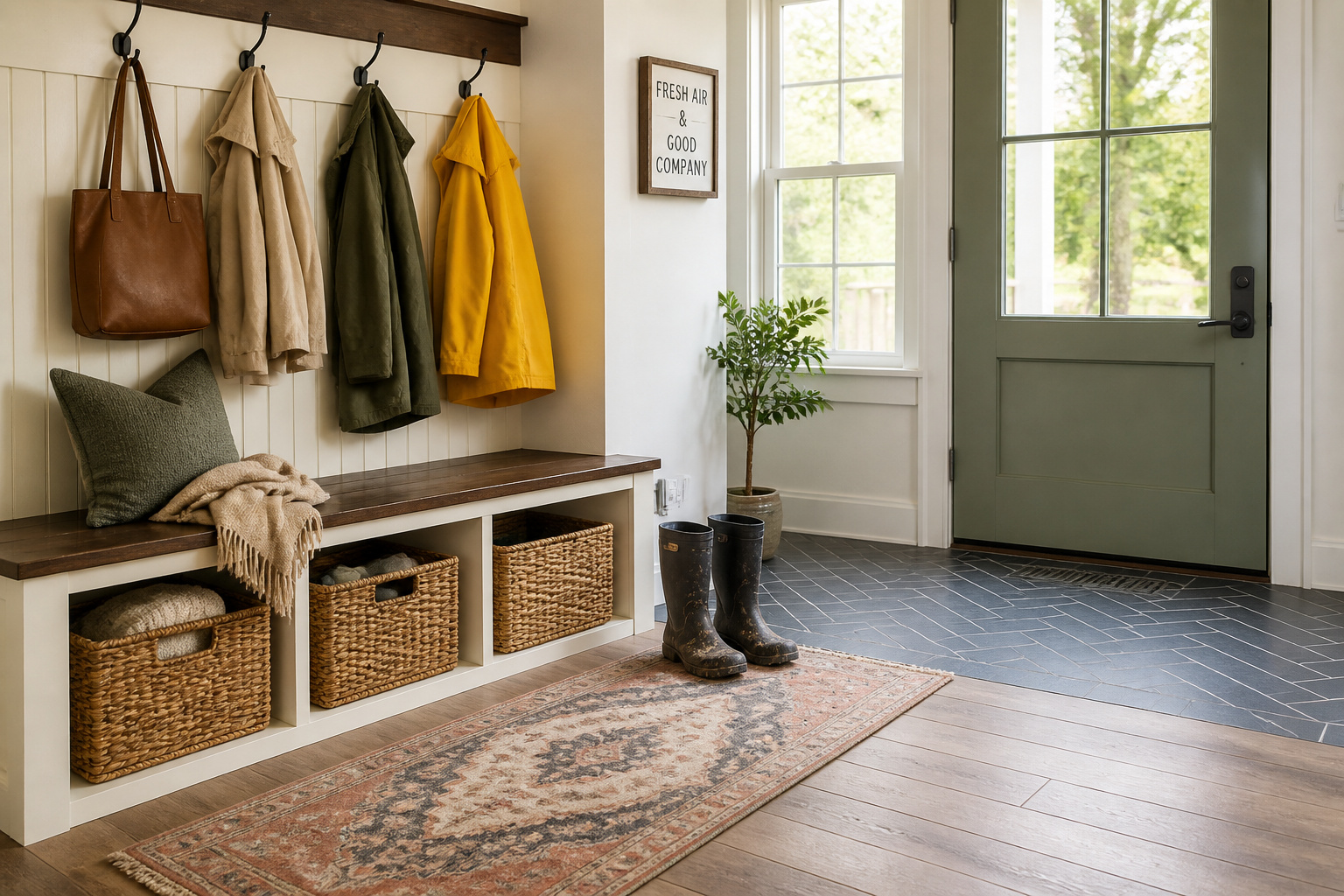 A bright, welcoming mudroom blends durable wood-look tile with a charcoal-grouted herringbone walk-off zone — proof that a hardworking entryway can still feel warm and pulled together.