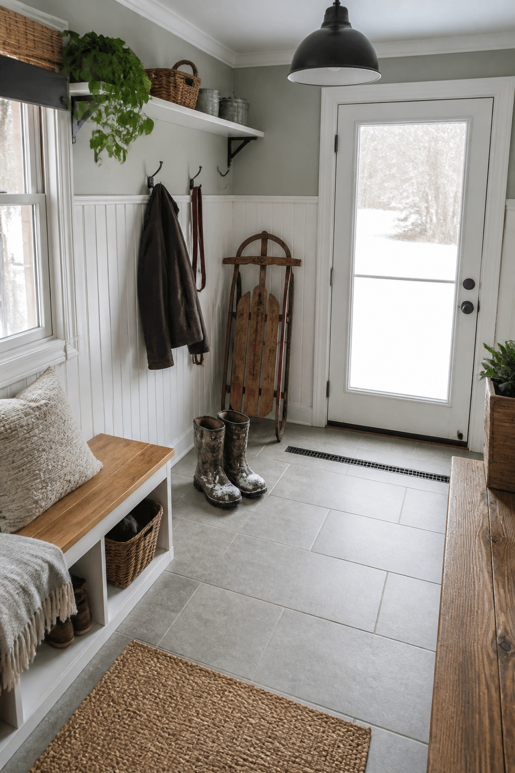A subtly sloped tile floor and small drain keep melting snow and mud from pooling, a smart upgrade for ski, farm, or rural households.