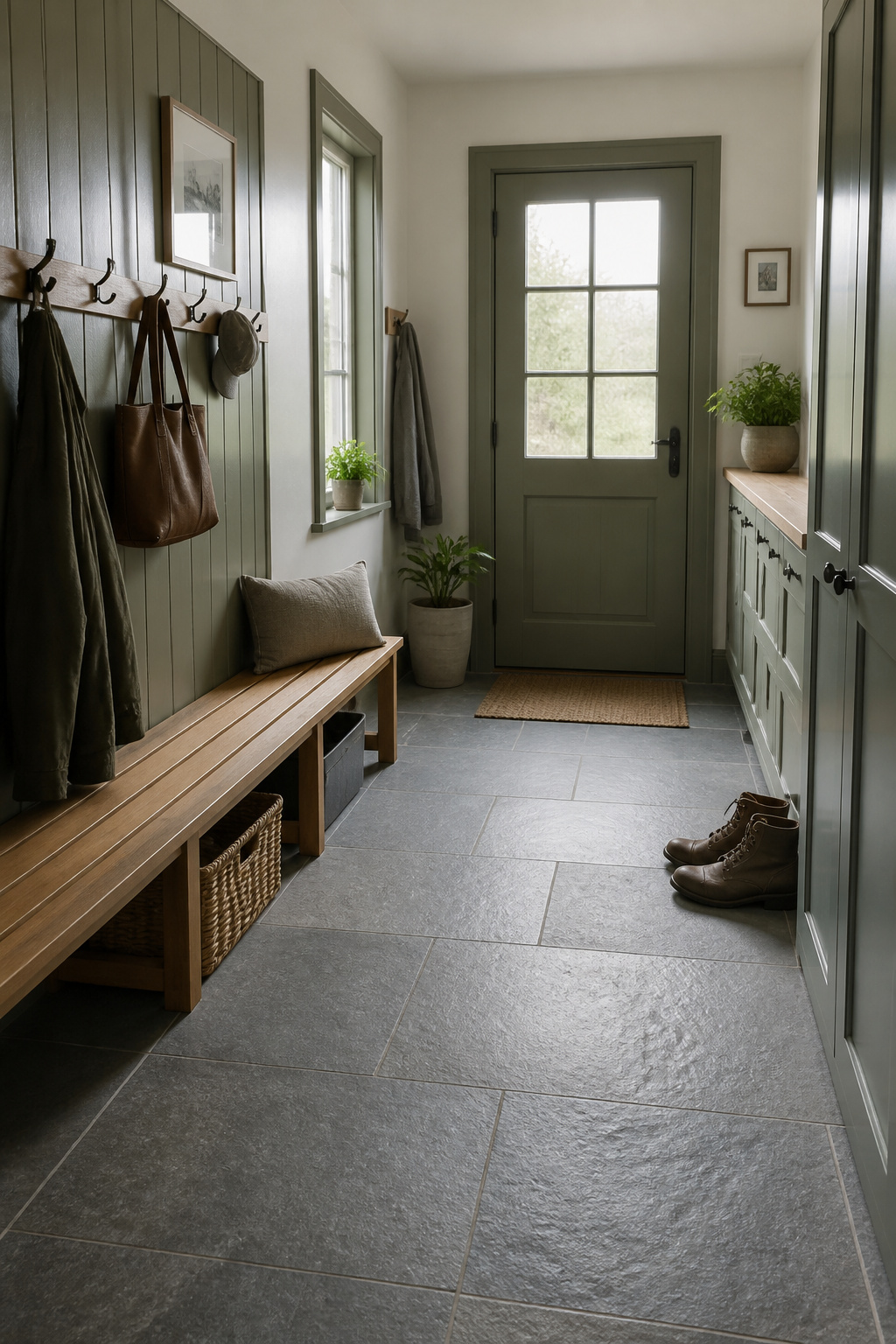Large-format honed slate brings rugged, slip-resistant texture to a small mudroom that can take a beating season after season.
