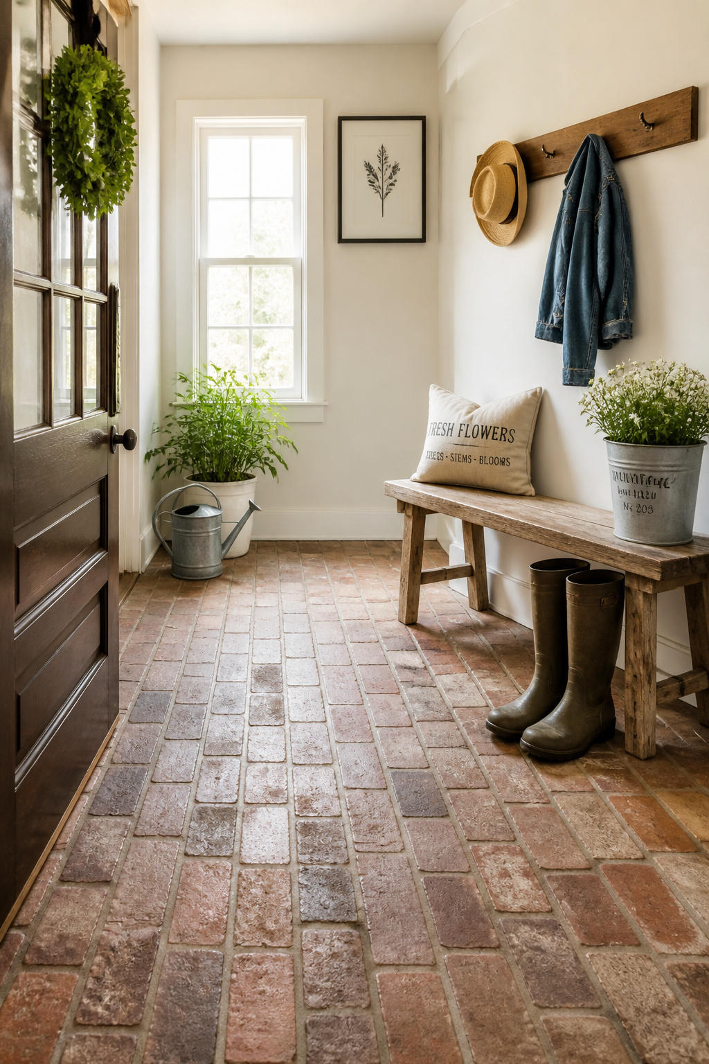 Reclaimed brick pavers bring warm, weathered farmhouse character to a hardworking mudroom floor, full of character no new material can fake.