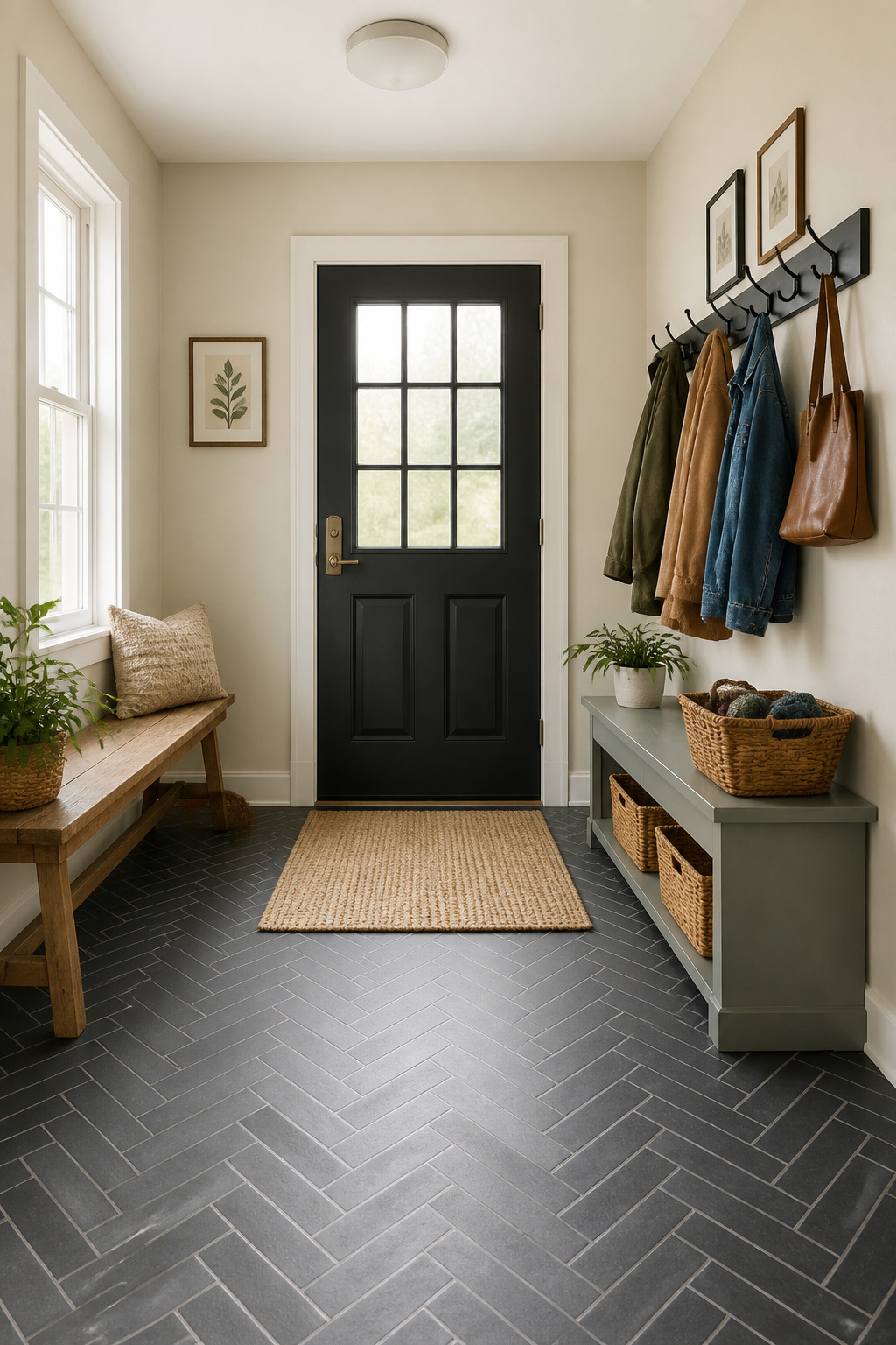 Budget ceramic tile gets a designer-level upgrade once it's laid in a classic herringbone pattern with dirt-hiding charcoal grout.