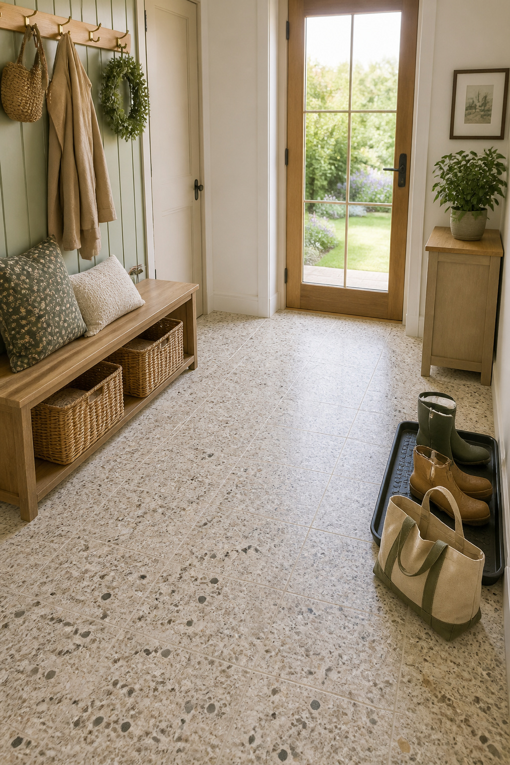 Speckled terrazzo tile gives this entry a seamless, easy-to-clean surface that camouflages everyday dust and tracked-in grit.