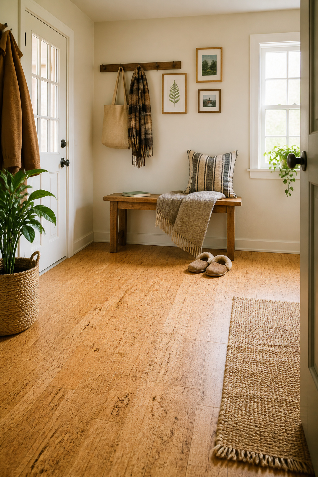 Warm, cushioned cork flooring brings an eco-friendly, budget-conscious option to the mudroom that's softer underfoot than tile or concrete.