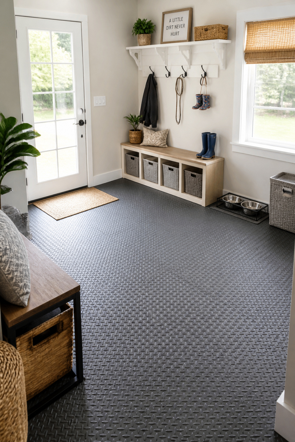Textured interlocking rubber tiles give this family mudroom soft, slip-resistant footing that's safe for kids, pets, and wet boots alike.