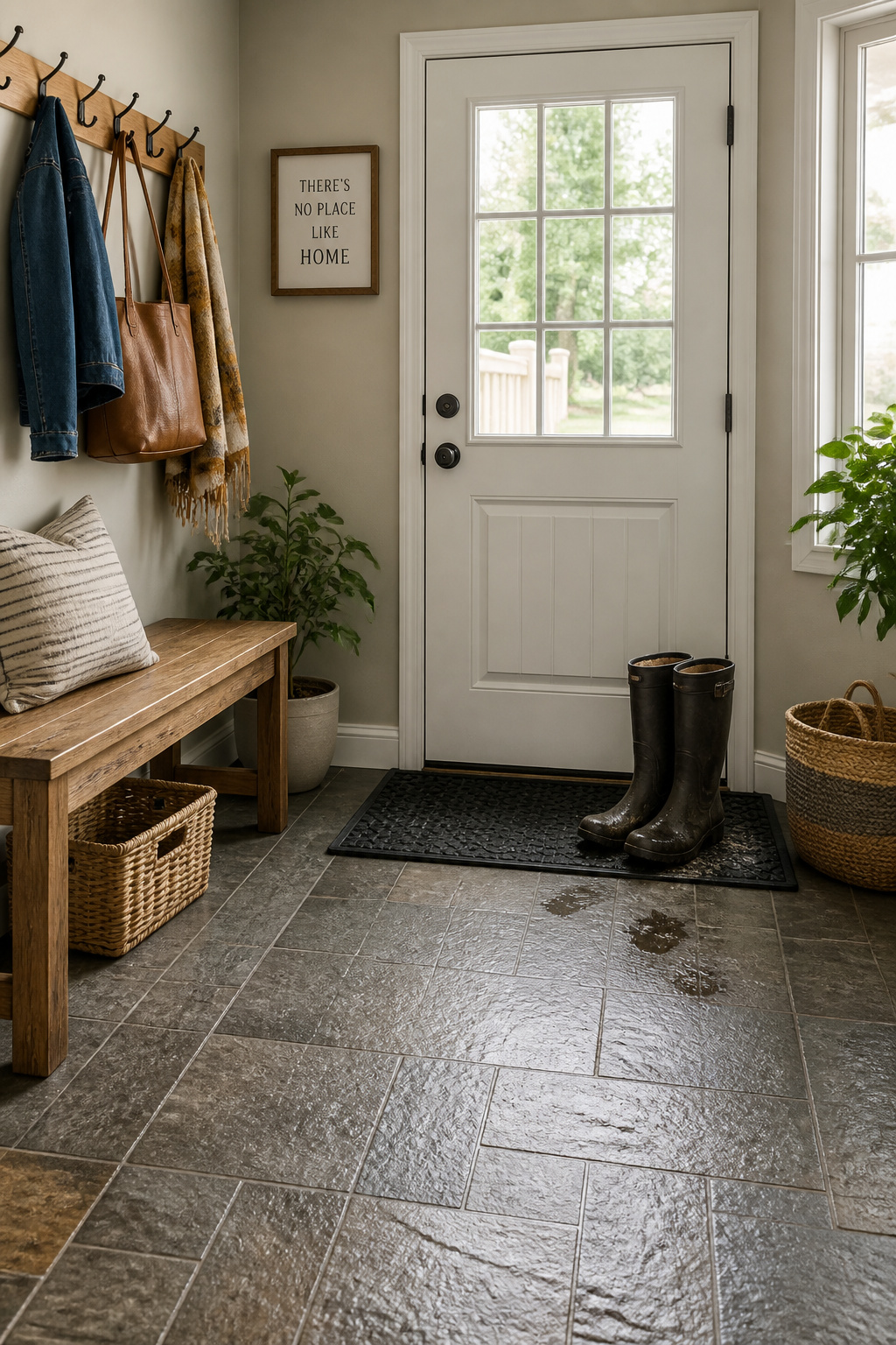 A textured anti-slip tile finish keeps this wet, high-traffic mudroom floor safe underfoot without sacrificing everyday style.