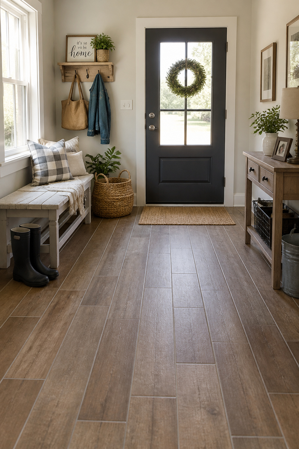 Matte wood-look porcelain tile gives this budget-friendly entryway warm plank charm with none of real hardwood's moisture risk.