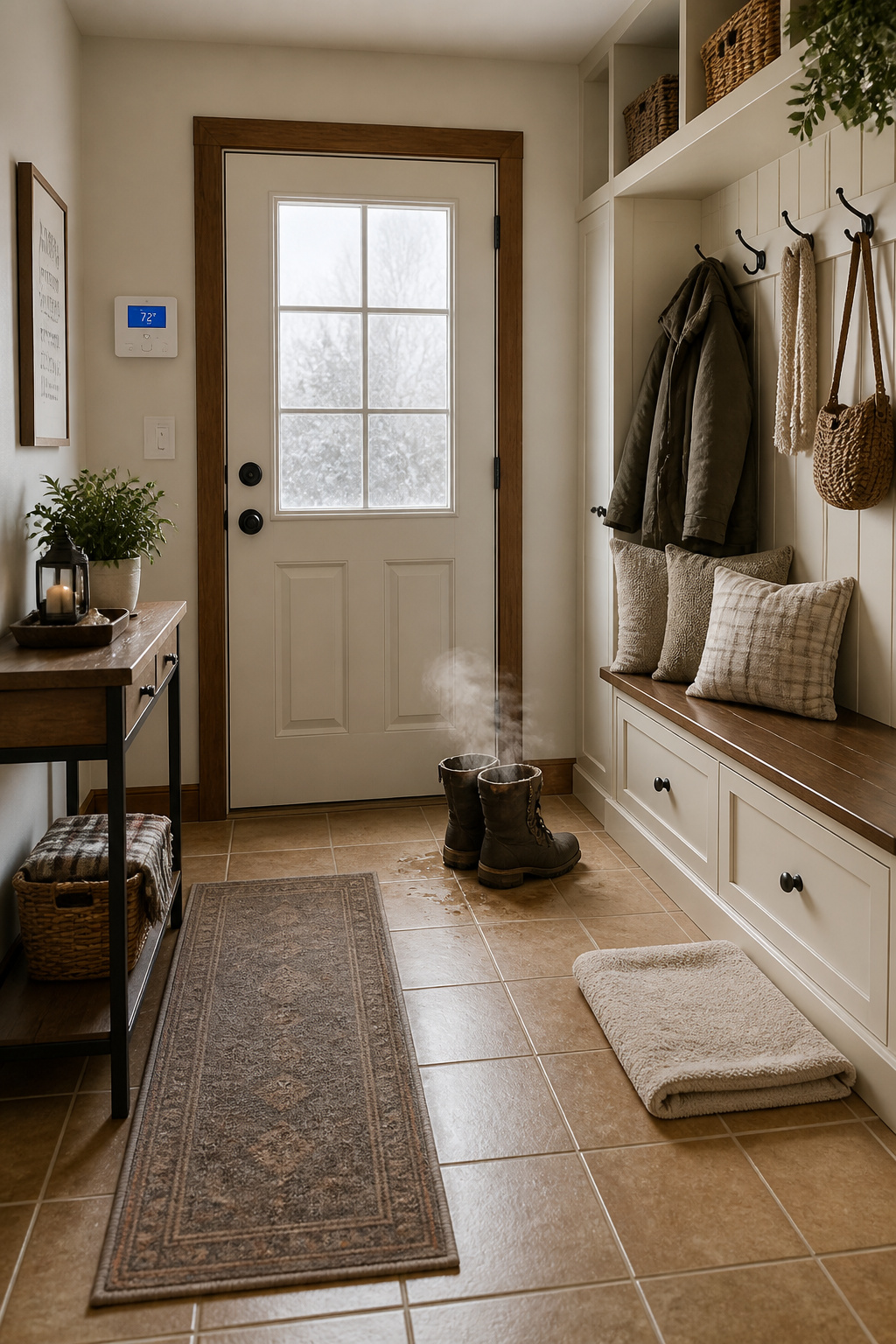 Electric radiant heat under tile keeps this practical mudroom warm and dry, melting tracked-in snow before it ever pools on the floor.