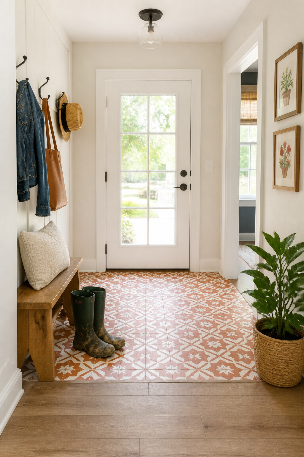 A bold patterned cement tile walk-off zone adds personality right where mud and snow hit first, without re-flooring the whole entry.