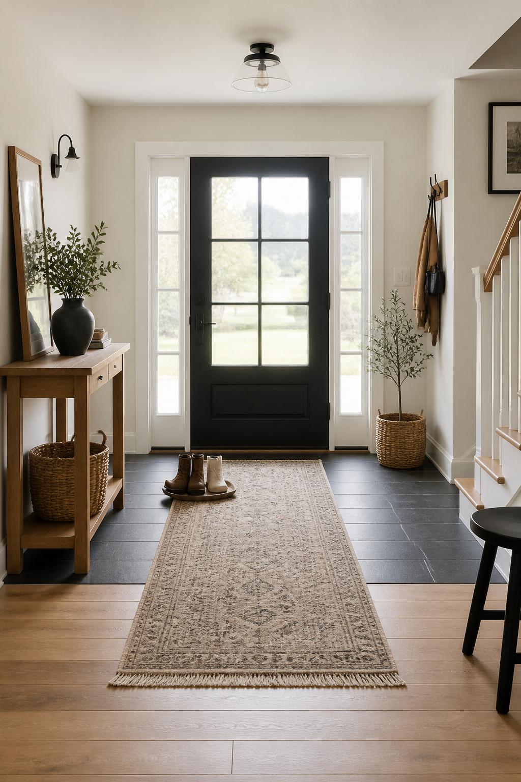 A contrasting tile walk-off zone layered with a washable runner traps dirt right at the door, protecting the rest of the floor.