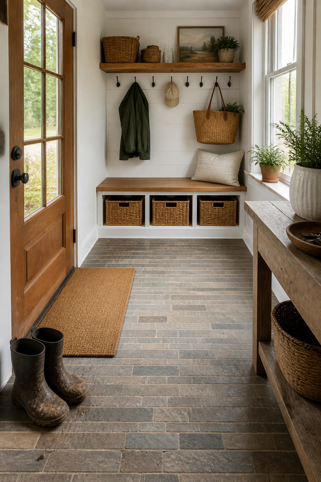 Textured honed stone ledger tile adds organic depth and slip-safe grip to an otherwise flat, budget-friendly mudroom floor.