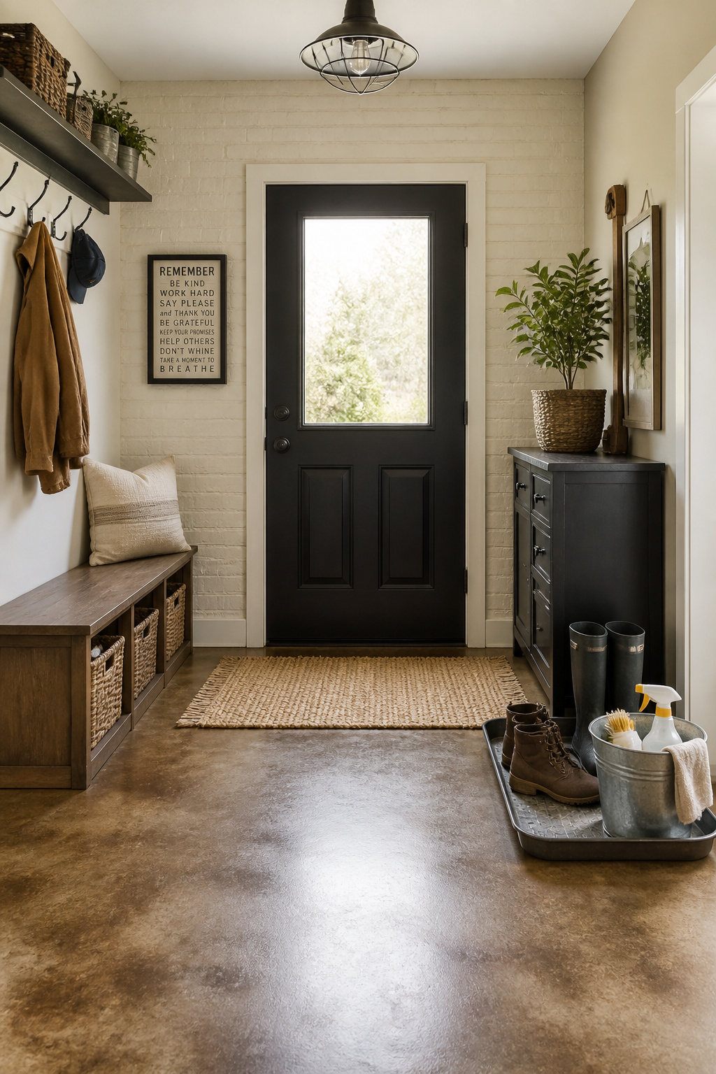 Stained and sealed concrete turns an existing slab into an almost indestructible, easy-wipe mudroom floor on a tight budget.