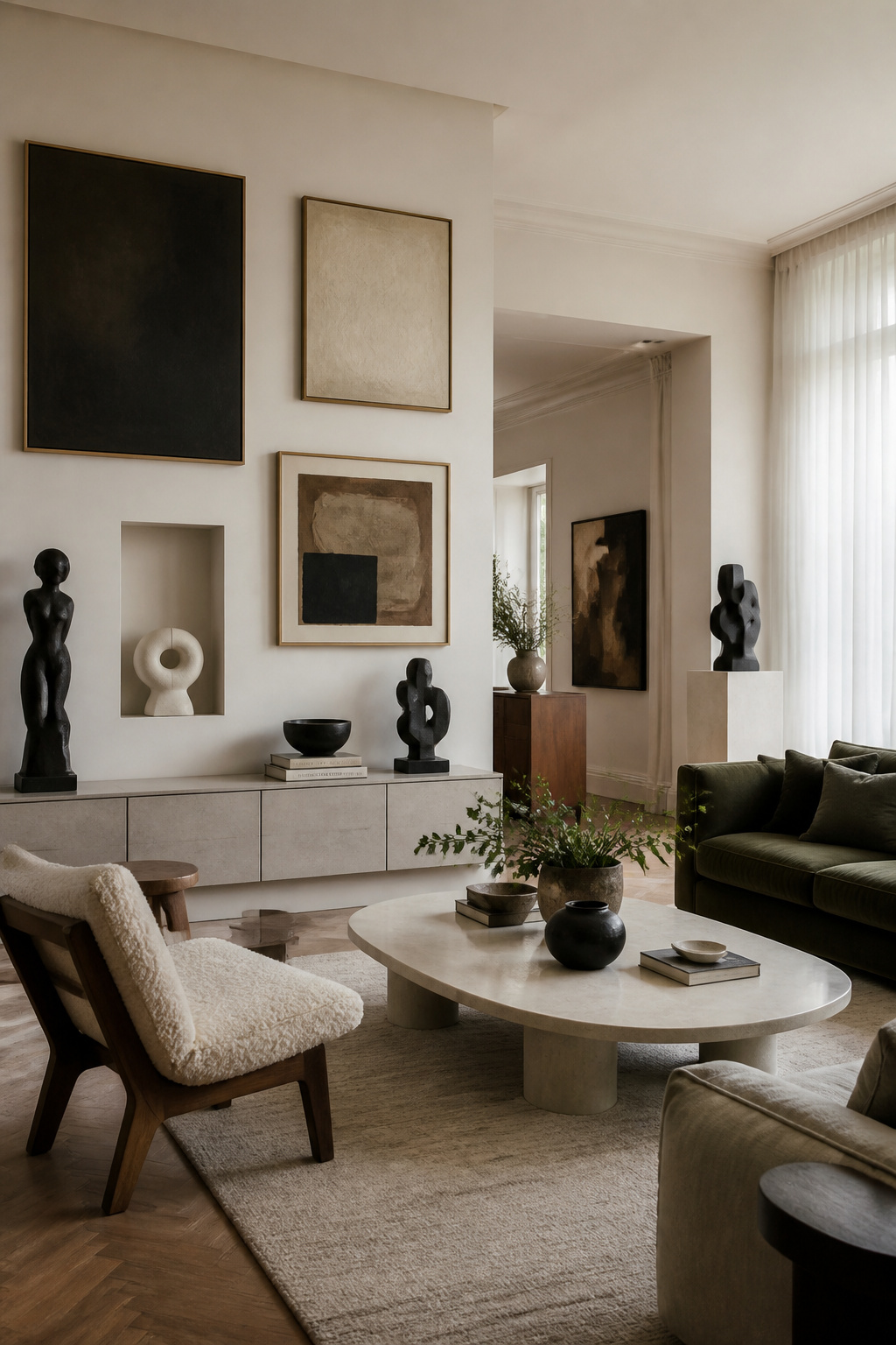 A professionally decorated luxurious living room showcasing a cohesive collection of abstract and modern art integrated seamlessly into the design, reflecting a personal art dialect.