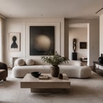 A professionally decorated luxurious living room showcasing a cohesive collection of abstract and modern art integrated seamlessly into the design, reflecting a personal art dialect.