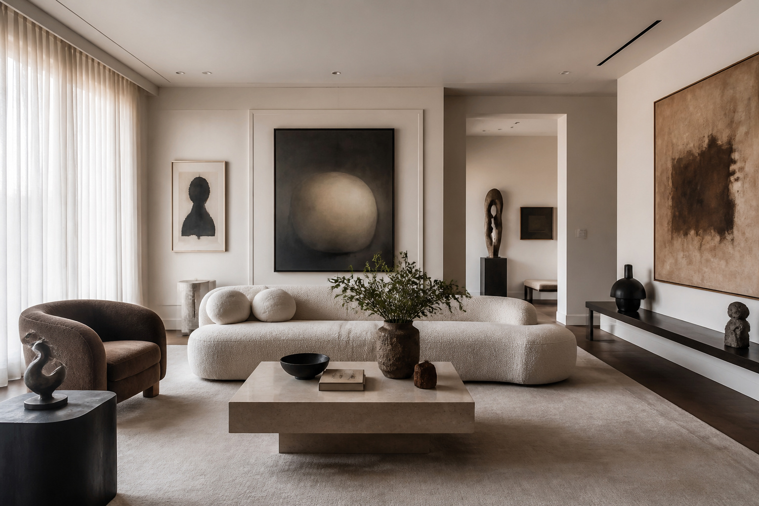 A professionally decorated luxurious living room showcasing a cohesive collection of abstract and modern art integrated seamlessly into the design, reflecting a personal art dialect.