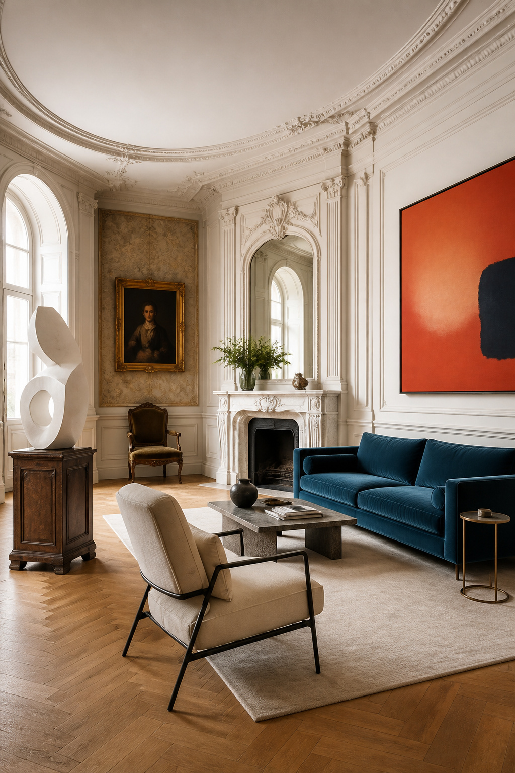 A grand living room showcasing a blend of classical architecture and modern eclectic art, featuring a mix of sculptures and paintings beautifully integrated to create a cohesive yet diverse aesthetic.