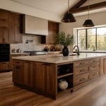 Luxury wood kitchen island perfectly scaled and integrated into a modern kitchen, emphasizing proportional harmony and spacious design.