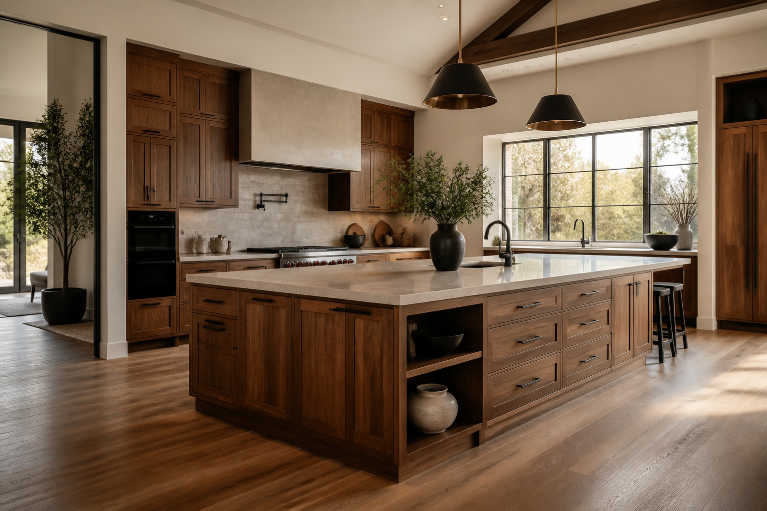 Luxury wood kitchen island perfectly scaled and integrated into a modern kitchen, emphasizing proportional harmony and spacious design.