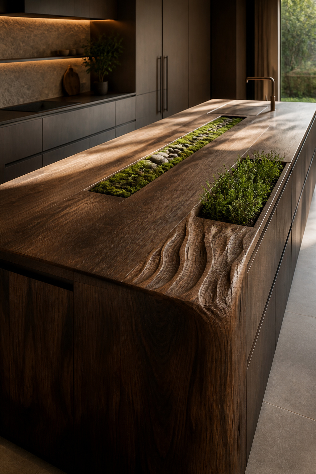 Luxury wood kitchen island with integrated biophilic design, showcasing sustainably sourced wood, live edge details, and natural elements like preserved moss and herbs.