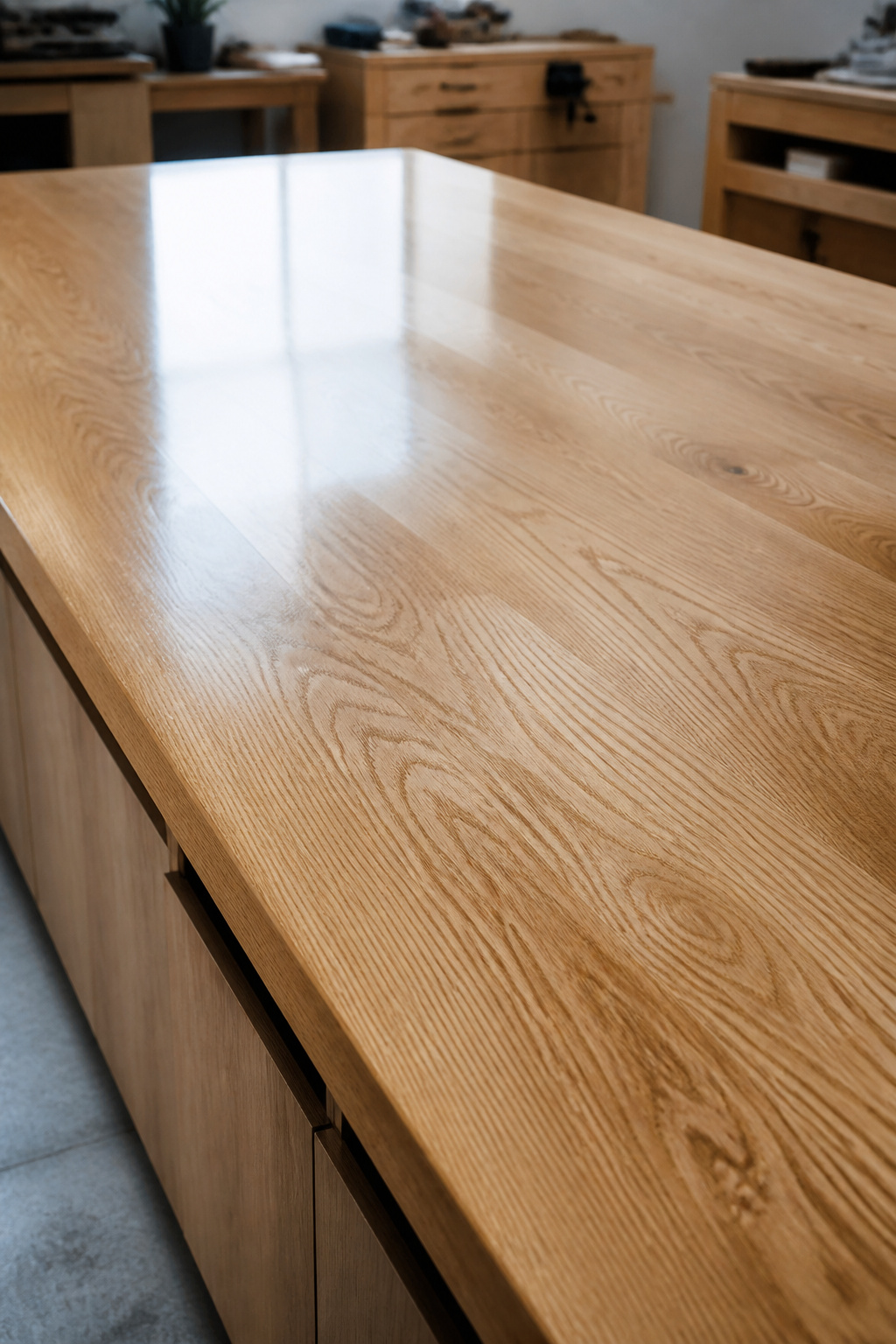 Close-up of a meticulously applied finish on a luxury wood kitchen island, showcasing enhanced natural wood grain and luster, signifying longevity and protection.
