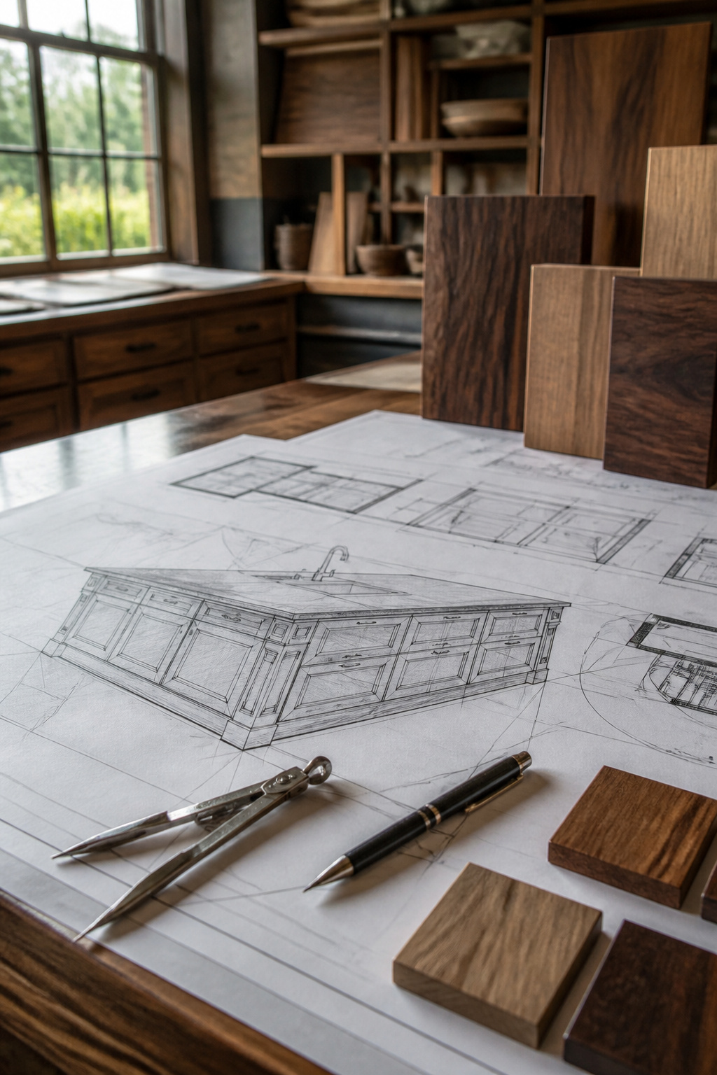 Detailed blueprints for a luxury wood kitchen island on a artisan's workbench, surrounded by elegant wood samples in a sunlit studio, showcasing precision design.