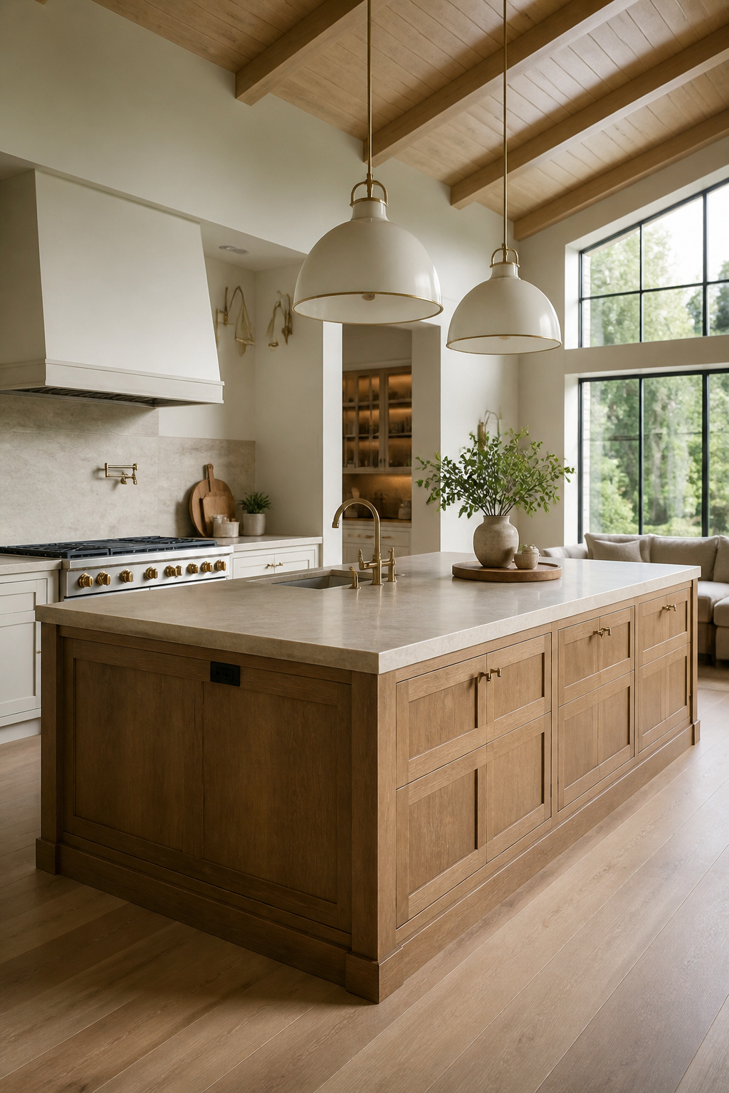 Luxury wood kitchen island perfectly scaled and integrated into a modern kitchen, emphasizing proportional harmony and spacious design.