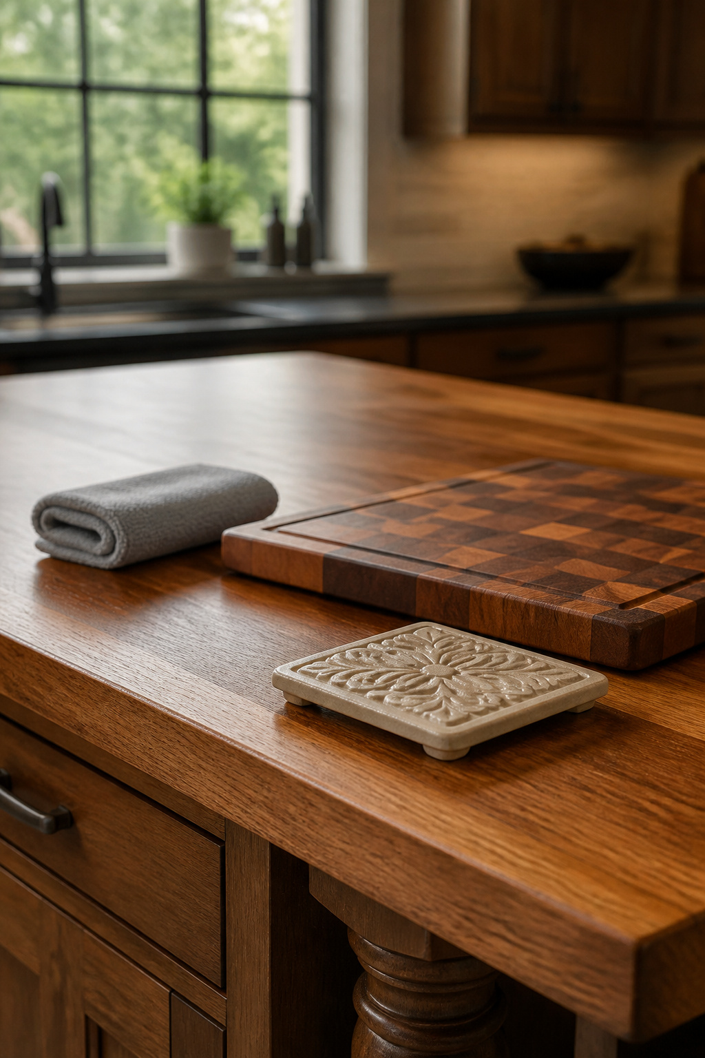 Close-up of a luxurious wood kitchen island showing a high-quality cutting board and trivet, representing diligent surface protection and wood kitchen island care under soft natural light.