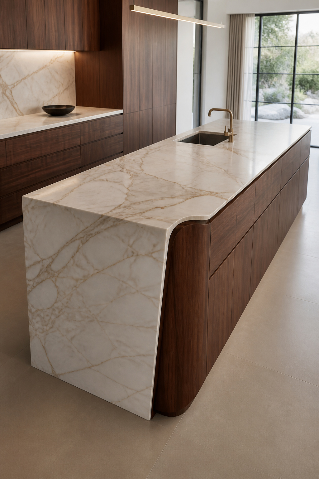 Luxurious wood kitchen island with perfectly integrated, precision-cut Calacatta Oro marble countertop, showcasing seamless material transition and sophisticated kitchen design.